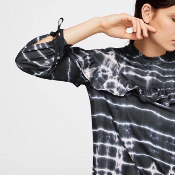 MANGO Tie Dye Ruffle Long Sleeve Knot Wrist Blouse - Picture 4 of 7